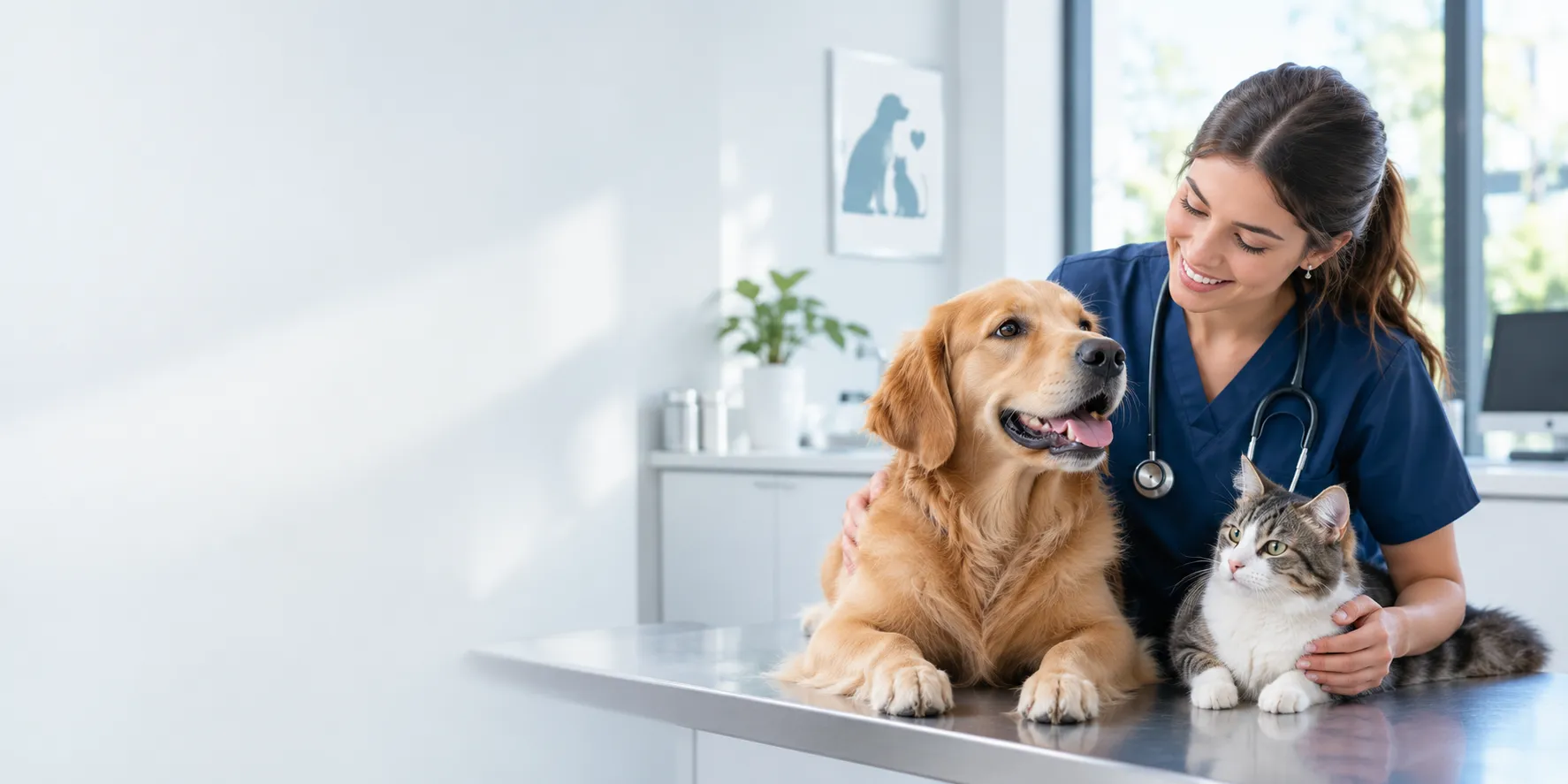Médica veterinaria de NOVA Vet atendiendo a un perro y un gato tranquilos en el consultorio